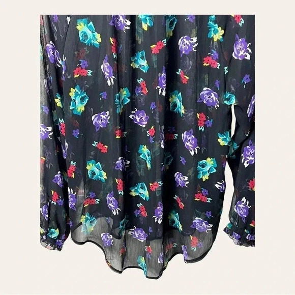0411W. Elle SHEER LONG SLEEVE TOP KEYHOLE IN FRONT FLORAL PATTERN BLACK SIZE XL - Picture 9 of 9